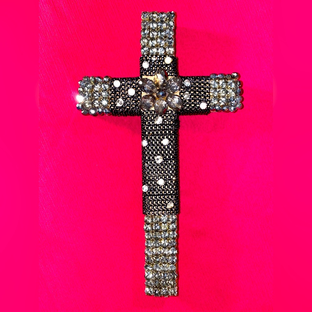 Wood ✝️of Repurposed Jewelry w/ Grey & Silver Rhinestones. Black chain w/accents